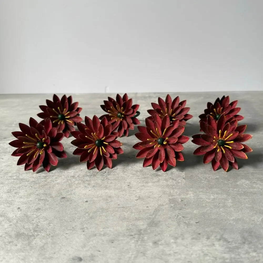 Pier 1 Metal Chrysanthemum Flower Napkin Rings Rustic Red Yellow Pistil Set of 8